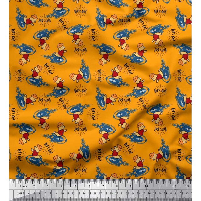 Soimoi Cotton Poplin Fabric Text,Rugby Ball & Bird Cartoon Print Sewing Fabric Yard 42 Inch Wide