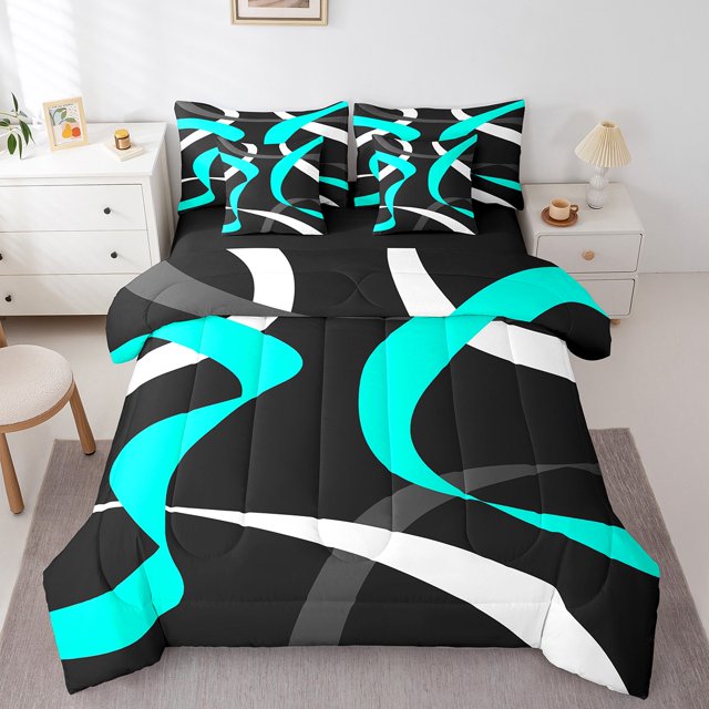 Erosebridal Geometric Stripe Bedding Sets Twin Size,Abstract Artwork Comforter Sets with Sheets,Geometry Lines Decor,Reversible,7pcs