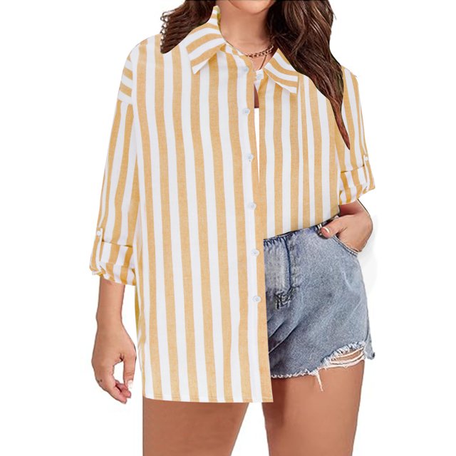 TIMIFIS Chemises à Manches Longues pour Femmes Grande Taille Chemise Rayée à Boutons Automne Col Rabattu Décontracté avec Manches Ajustables