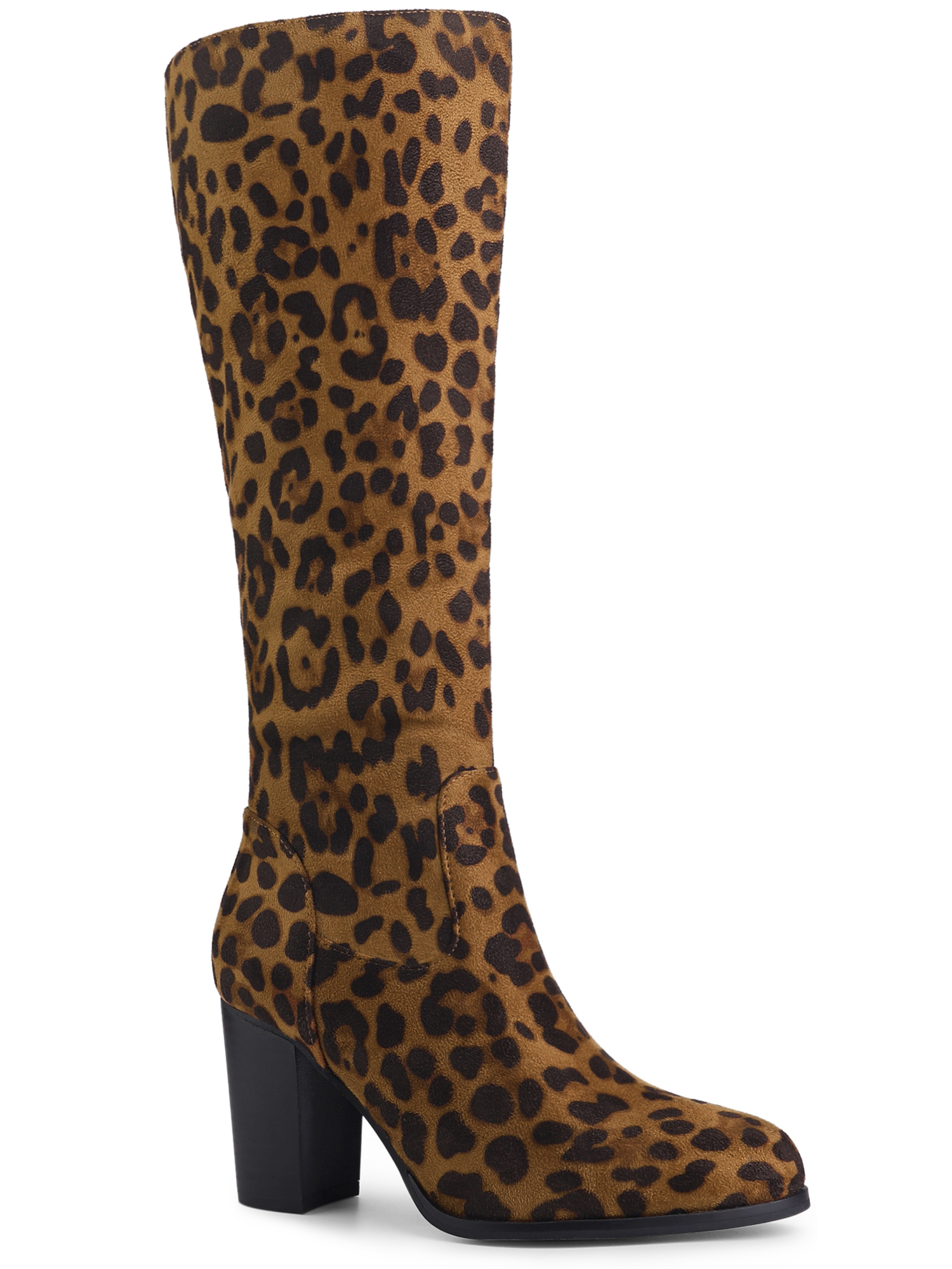 Unique Bargains Women's Round Toe Block Heeled Knee High Boots Leopard US 9