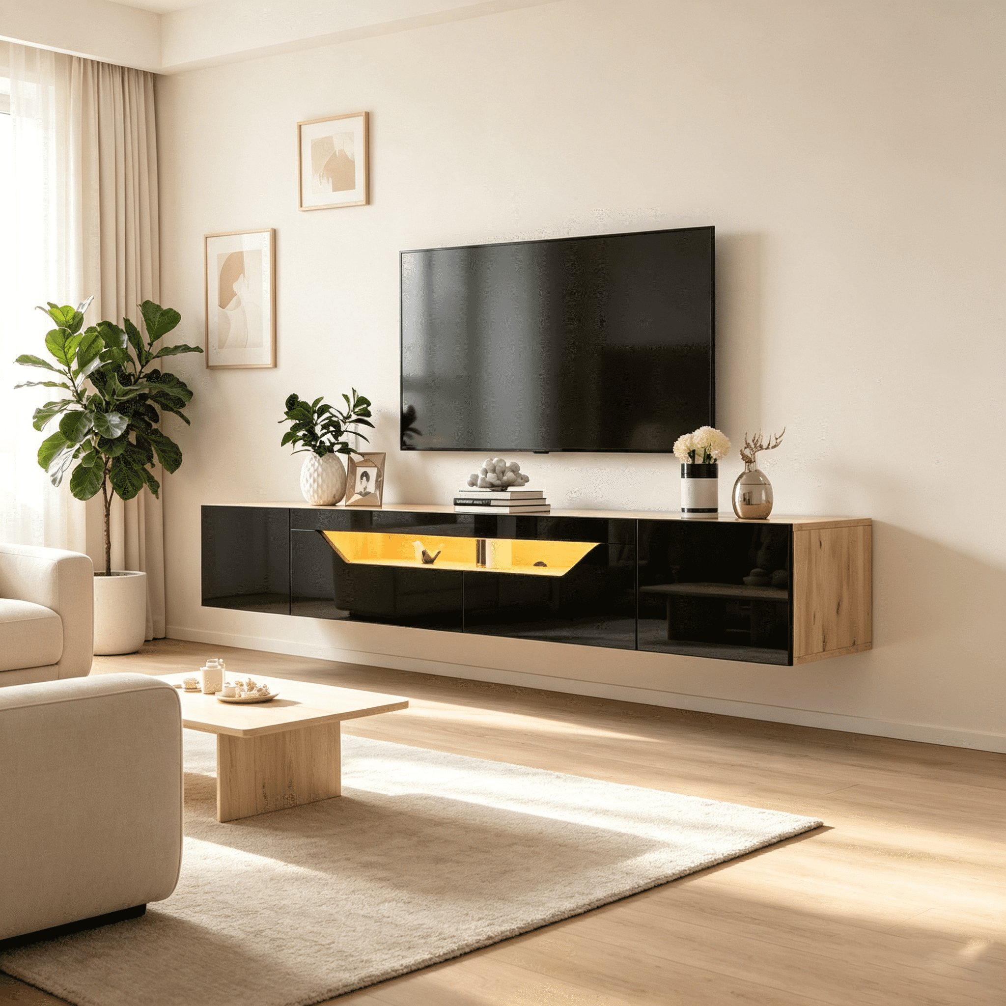 Homy Casa meuble télé mural 64,9 po avec DEL et 3 compartiments, fini noir et bois naturel