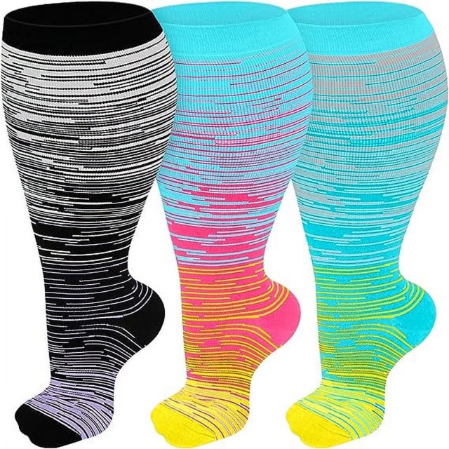 SUTENGDA 3 Pairs Plus Size Compression Socks for Women Men Wide Calf 20-30 mmHg Extra Large for Circulation Support Recovery XXL