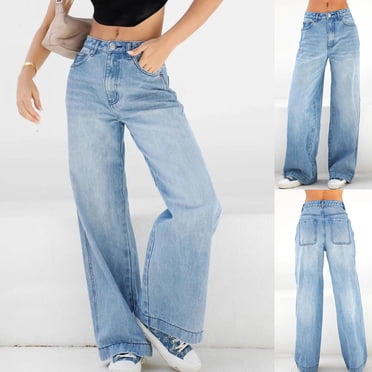 XZNGL Jeans for Womens Jeans Ripped Jeans Womens Mid Ripped Denim Frayed Hem Casual Jeans Denim Trousers