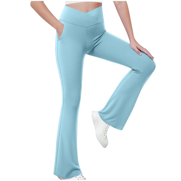 Pitauce Girls Cross High Waisted Flare Leggings with Pockets, Bootcut Wide Leg Yoga Pants Kids Stretchy Dance Bell Bottoms Activewear