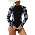 thumbnail image 1 of Charmo Womens Leaf Printed Long Sleeve Rashguard Zipper One Piece Swimsuit, 1 of 1