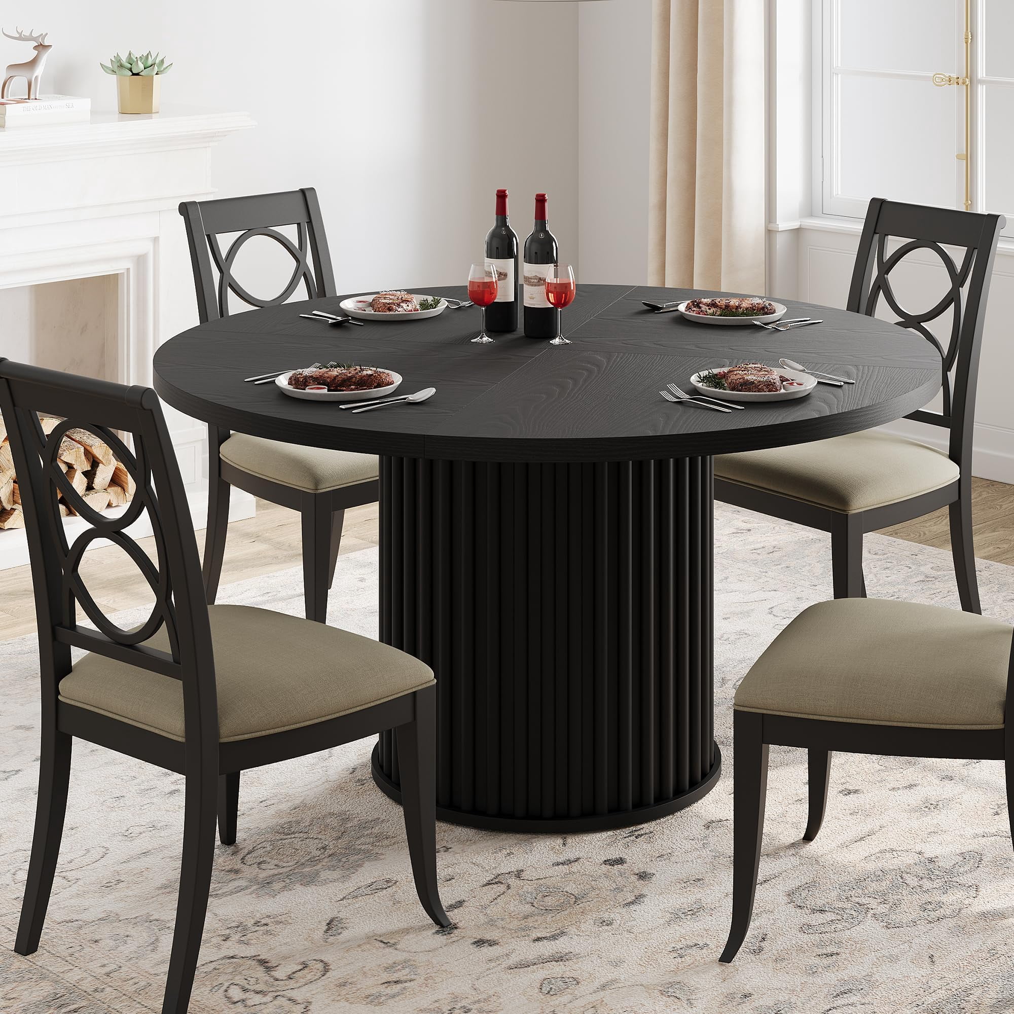 47Inch Round Dining Table for 4-6, Dining Room Table with Sturdy Waveform Pedestal Base, Black Industrial Circle Kitchen Table for Dining Room, Kitchen, Apartment, Chairs NOT Included
