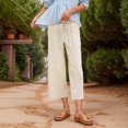 thumbnail image 2 of Women's Linen High Waisted Drawstring Culotte Pants Summer Elastic Waist Wide Leg Cropped Capri Pants With Pockets, 2 of 5