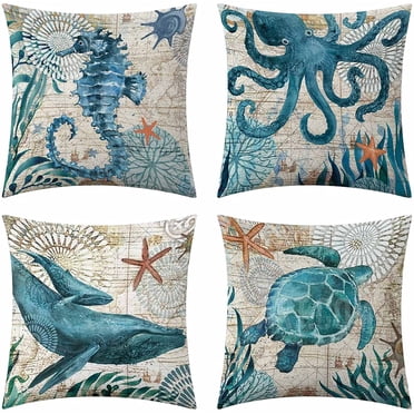 Outdoor Pillows for Patio Furniture Waterproof,Mediterranean Style Throw Pillow Case, Coastal Home Decor Cushion Covers for Couch Living Room Bed Patio Set of 4 (18X18 in, Blue)