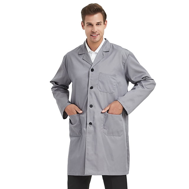 TOPTIE Unisex Scrubs Lab Coat Professional Doctor Uniform Workwear Long Sleeve Shop Coat-Gray-M