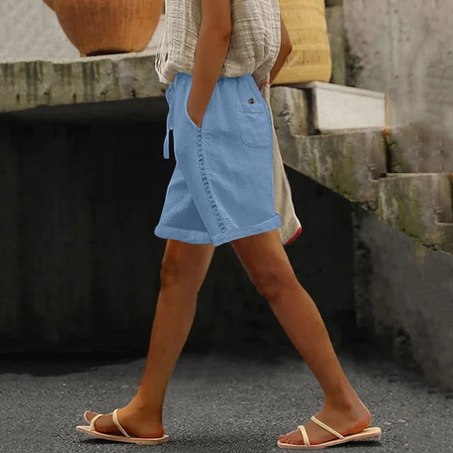LVHAOGJOB Womens Shorts Plus Size Elastic Waist with Pockets Cottton Linen Solid Color Loose Summer Shorts Pants for Women Drawstring