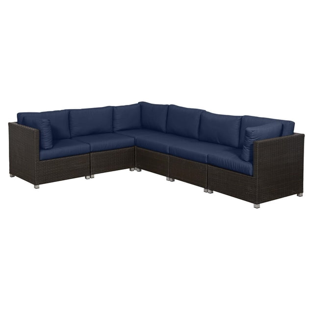 Innesbrook Collection 6-Piece Aluminum Patio Conversation Set with Navy Cushions, modular L-shaped outdoor seating with rust-resistant powder-coated aluminum frame and dark PE resin wicker base, featuring thick navy cushions for comfort and durability, suitable for lounging and entertaining guests.