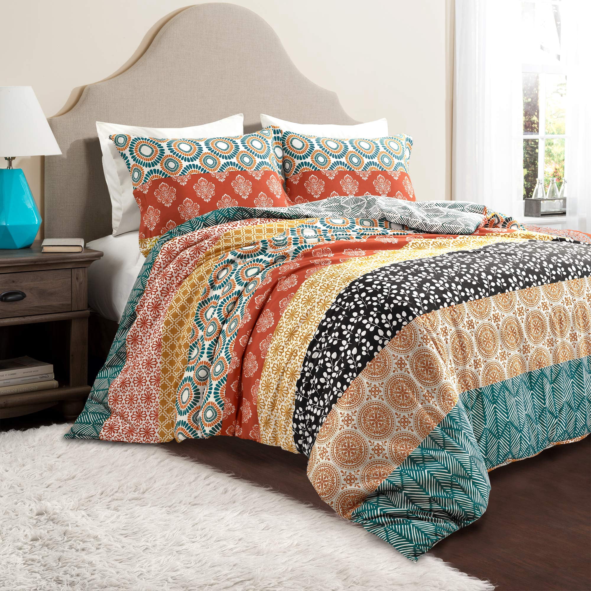 Lush Decor Bohemian Stripe Reversible Cotton Duvet Cover Set, 3 Piece Set, King, Turquoise & Orange - Boho Bedding Set - Bold & Colorful - Striped Duvet Cover - Maximalist & Boho Bedroom Decor