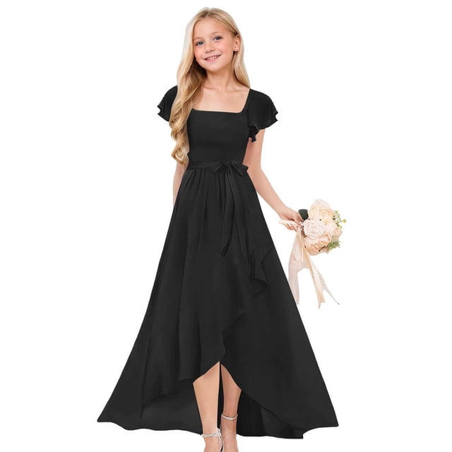 XIMIN Robes de Demoiselle d'Honneur pour Fille à Volants Manches Courtes Encolure Carrée Ligne A Asymétrique Demoiselle d'Honneur Junior Formelle Invitée de Mariage Fête Bal Remise des Diplômes Anniversaire Robe pour Filles (Noir, 7-8 Ans)