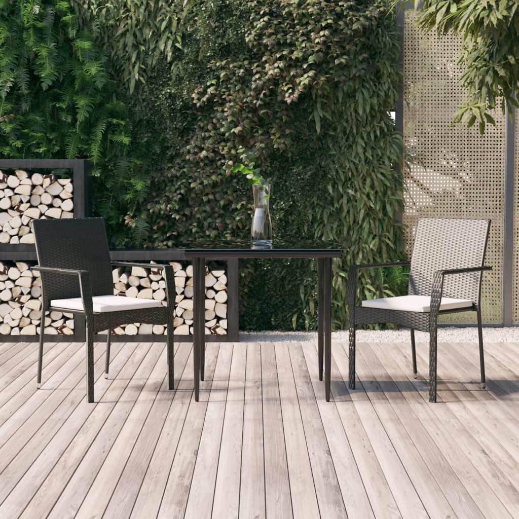 vidaXL 3 Piece Garden Dining Set with Cushions Black Poly Rattan