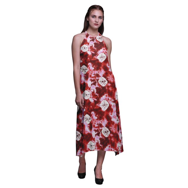 Bimba Robe de Plage Teinture sur Nœuds pour Femmes, Imprimée, Dos Nu, Longue, à Col Licou, Ray-Onde - Très Petit