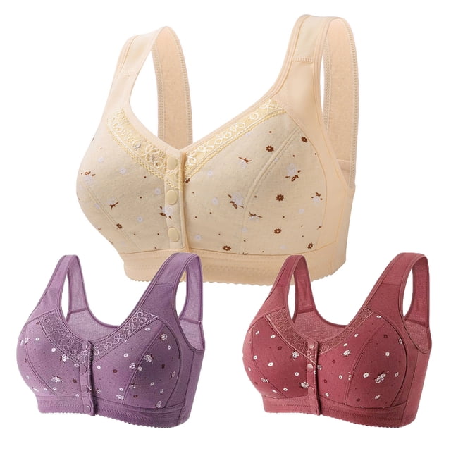 Lenpel Women's Plus Size Front Closure Bras 3 Pc No Underwire Printed Full Coverage Bralettes Comfortable Everyday Bras(Wine,3X-Large)