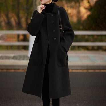 EGNMCR Trench Coats for Women Notch Lapel Single Breasted Wool Long Jacket Winter Solid Color Overcoat Coats with Pockets