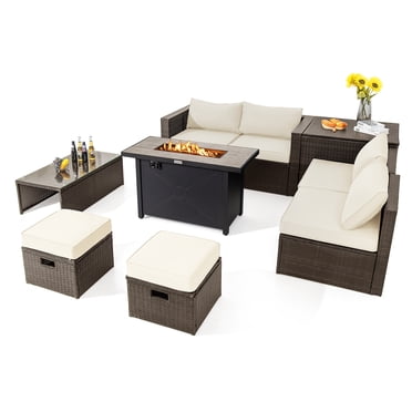 Patiojoy 9 Pieces Outdoor Patio Furniture Set with 42" Propane Fire Pit Table Outdoor PE Wicker Space-Saving Sectional Sofa Set Off White