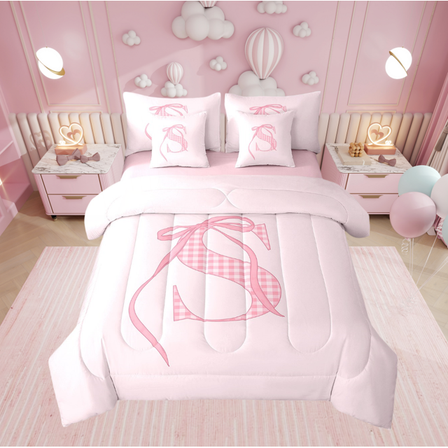 Erosebridal Literie Monogrammée pour Ados Format Double, Lettre Initiale S Ensemble de Literie Format Double, Déco Nœud Rose, Réversible
