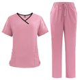 thumbnail image 1 of Ensemble de Sarrau Jogger 2 Pcs pour Femmes, Uniformes d'Infirmière Classiques et Tendance, Hauts à Manches Courtes à Encolure Croisée et Pantalons, Uniforme Médical, Rose, M, 1 of 3