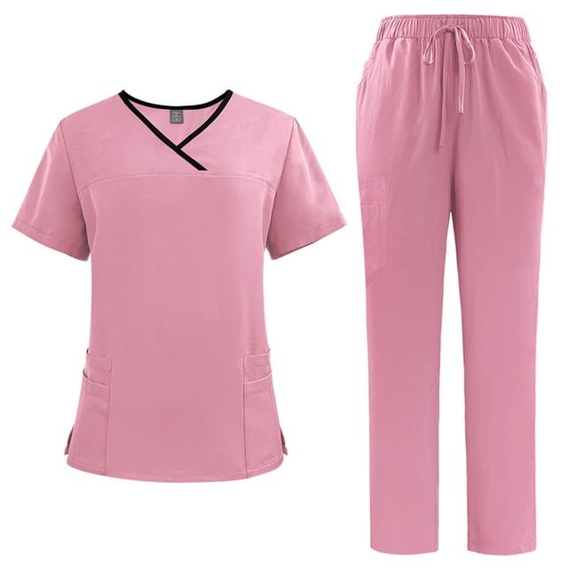 Ensemble de Sarrau Jogger 2 Pcs pour Femmes, Uniformes d'Infirmière Classiques et Tendance, Hauts à Manches Courtes à Encolure Croisée et Pantalons, Uniforme Médical, Rose, M