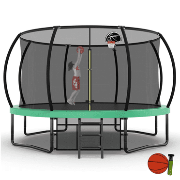 UIOWIO 14 ft Pumpkin Recreational Trampoline for Kids and Adults Outdoor Trampoline with Basketball Hoop Toddler Backyard Trampoline with Ladder,Enclosure Net,Storage Bag,Green