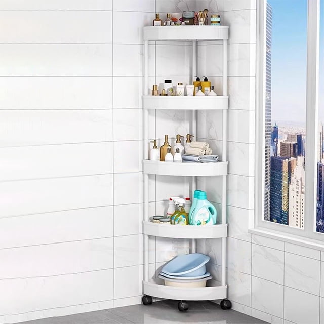 Cagogo under $5 Rolling Storage Cart, 5 Tier Corner Shelf, Bathroom Storage Rack with Wheels, Rolling Kitchen Pantry Organizer, Living Room Snack Storage Shelf, Movable Plastic Storage Rack