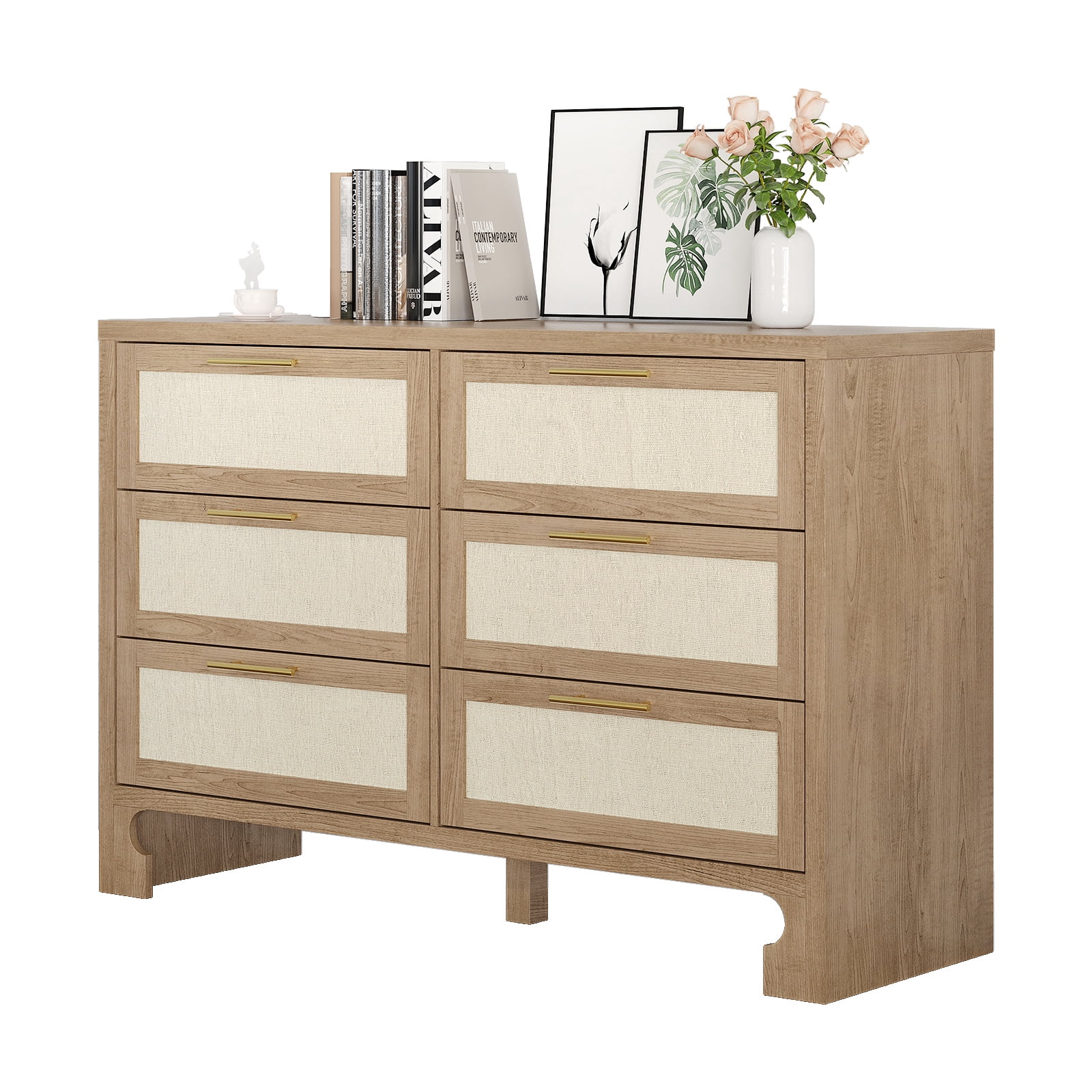 6 Drawers Dresser for Bedroom, Mid Century Modern Dresser Wooden Burlap Dressers, Storage Cabinet, Boho Wide Dresser & Chest of Drawers with Wood Legs for Bedroom, Living Room, TV Stand, Nursery