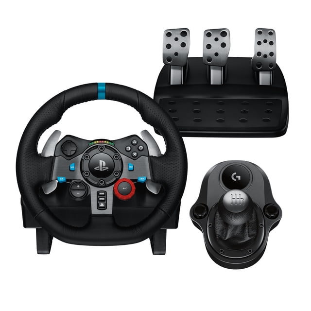 Logitech G29 SE Racing Combo with black hand-stitched leather racing wheel featuring PlayStation logo, stainless steel paddle shifters, LED shift indicators, a pedal set with three stainless steel pedals including nonlinear brake, and a Driving Force Shifter with six-speed H-pattern gearbox, compatible with PS5, PS4, PC, and Mac.