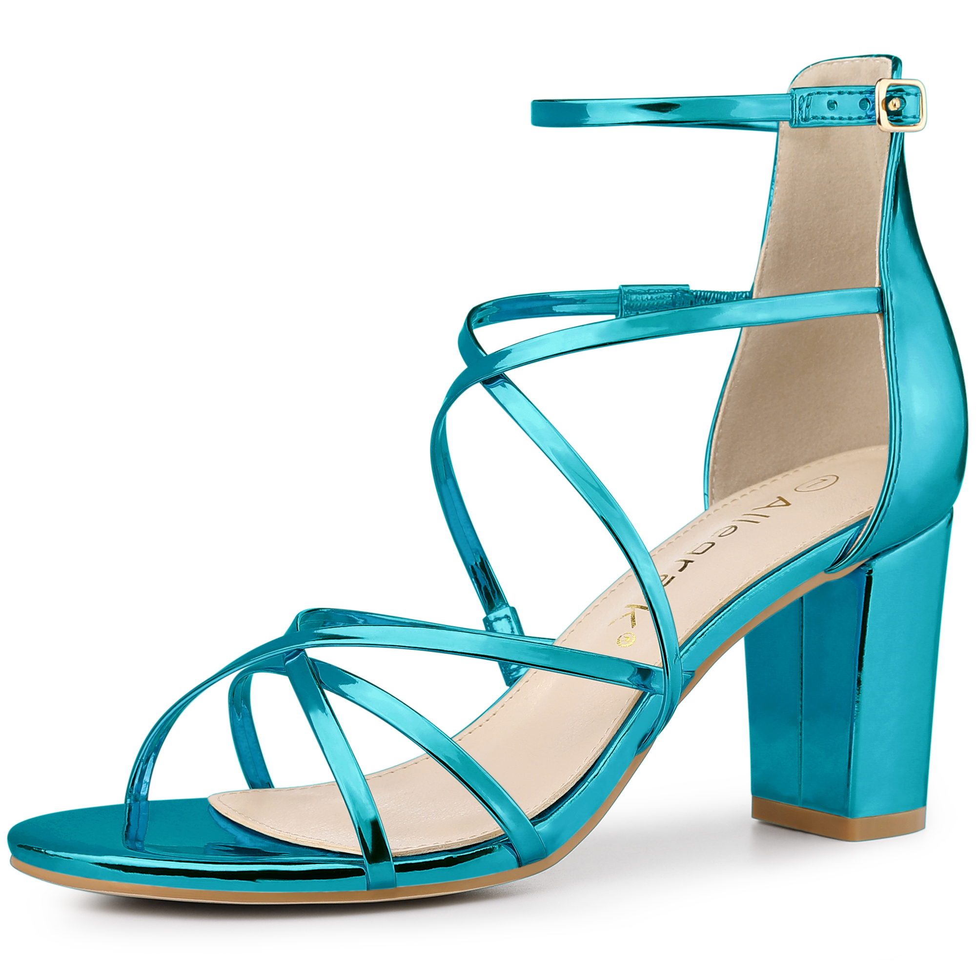 BLISSFUL STEP Sandales à Talons Blocs à Brides Croisées pour Femmes Bleu Lac 8,5
