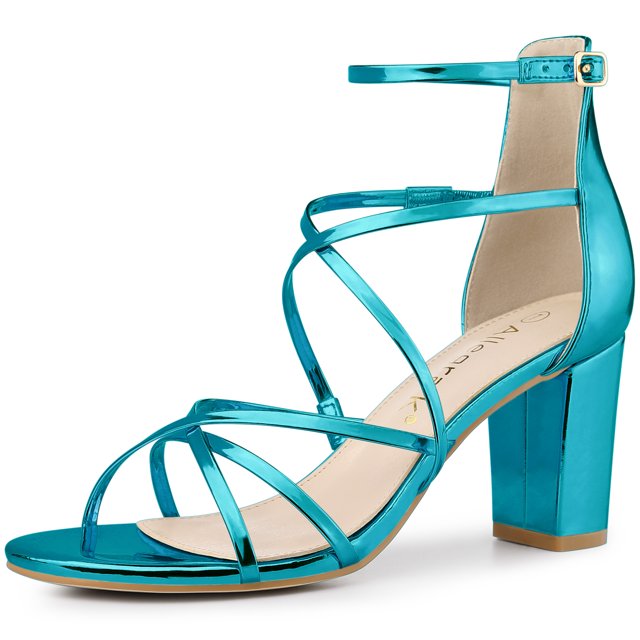 BLISSFUL STEP Sandales à Talons Blocs à Brides Croisées pour Femmes Bleu Lac 8,5