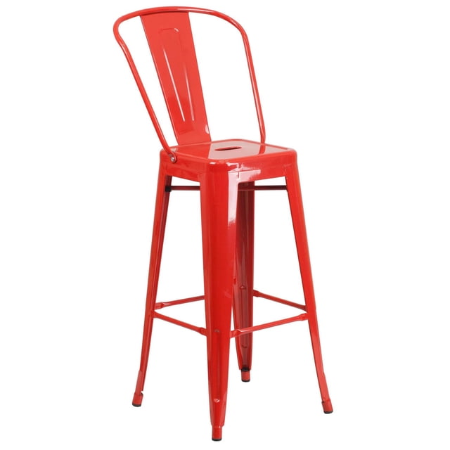 30'' High Red Metal Indoor-Outdoor Barstool with Back
