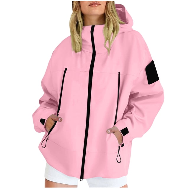 JGGSPWM Manteau pour Femmes Uni à Fermeture Éclair avec Poches, Imperméable d'Extérieur, Coupe-Vent Léger de Randonnée avec Capuchon, Rose, TTG