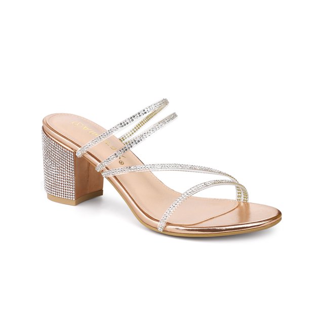 BLISSFUL STEP Women Rhines Block Heel Slide Sandals Rose Gold 7