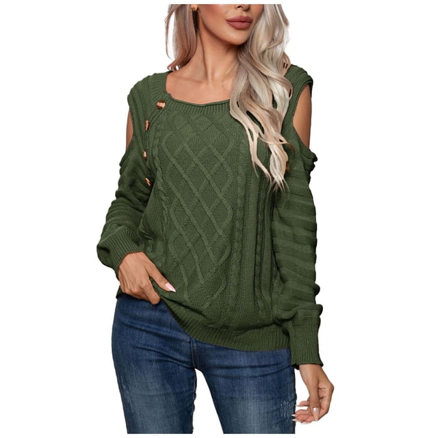 Yuyuzo Womens Crewneck Tops Long Sleeve off Shoulders Button Knit Pullover Solid Color Fall Tops