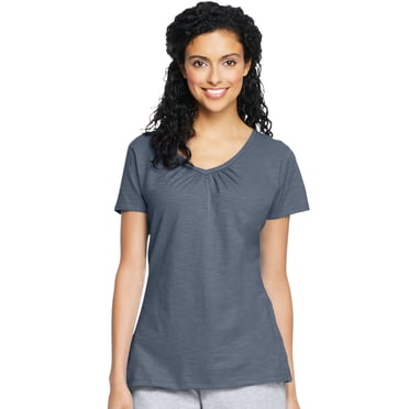 Hanes Jersey Slub pour Femmes à Fronces, Col en V, m, Gris Chiné Dada