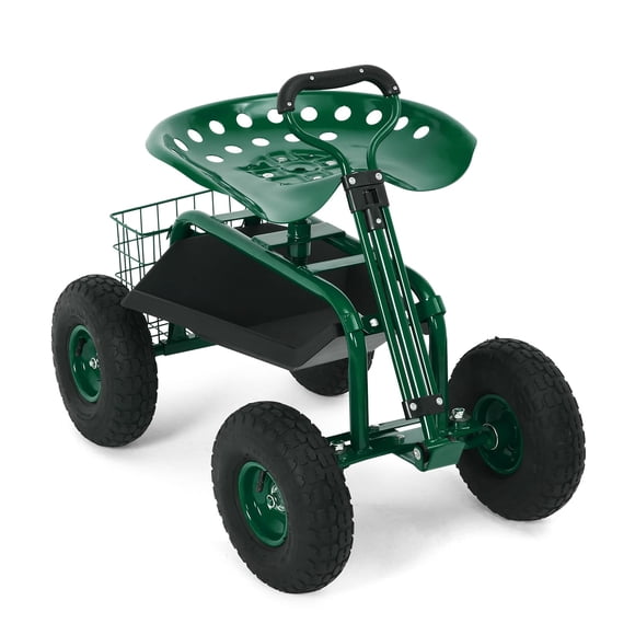 Chariot de Jardin – Siège de Travail Roulant Robuste – Pivotement à 360° – Capacité de 400 lb – Pneus Tout-Terrain de 10 Pouces – Poignée Extensible et Plateau à Outils – Plantation, Désherbage et Travaux de Cour