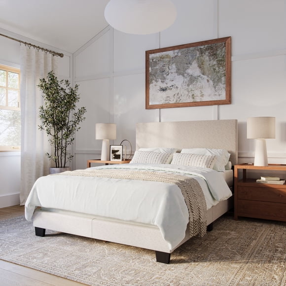 CorLiving Celeste Modern Upholstered Adult Full Sized Bed Frame with Headboard, Box Spring Required, Beige