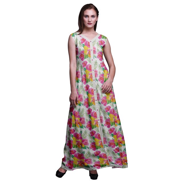 Bimba Floral Printed Front Slit Sleeveless Summer Spring Long Women BeachDress-Small