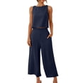 thumbnail image 1 of Cameland 2Pc Fashion Woman Round Neck Solid Sleeveless Blouse +Loose Pockets Pants Sets, 1 of 7