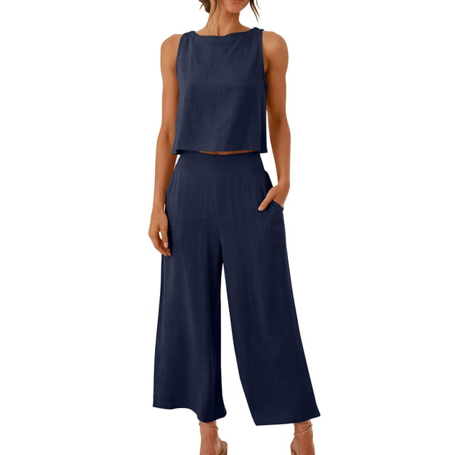 Cameland 2Pc Fashion Woman Round Neck Solid Sleeveless Blouse +Loose Pockets Pants Sets