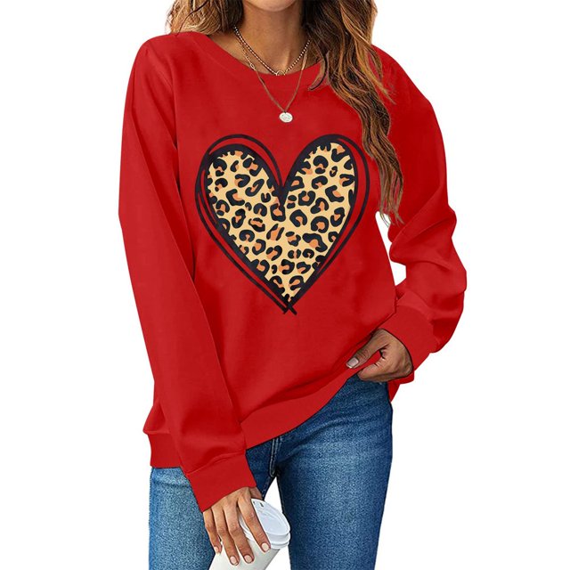 Chemise de Saint-Valentin pour Femmes 2024 Col Rond Chemises Décontractées Cœur d'Amour Graphiques Tees Manches Longues Amples Pull Tops Mode Vacances T-Shirt