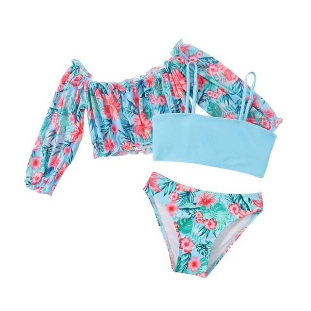 Hiiyo Toddler Girls Bikini Set with Long Sleeve Rash Guard Swimsuit Hawaii Beach Bathing Suit,3-Piece