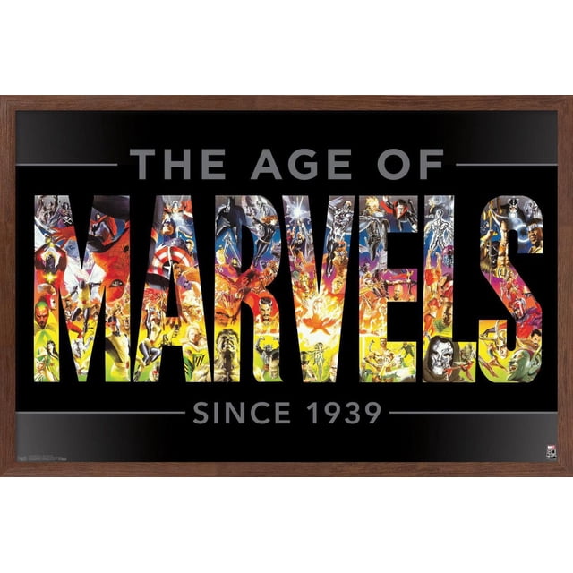 Marvel Comics - Marvel 80e Anniversaire - l'Ère des Merveilles Affiche Murale, 22,375 Po x 34 Po Mettant en Vedette « l'Ère des Merveilles depuis 1939 » avec le Mot « Merveilles » Rempli d'Illustrations Colorées de Superhéros et de Méchants Marvel sur Fond Noir Encadré de Bois Foncé, Convient à la Décoration Murale de la Maison Ou du Bureau.