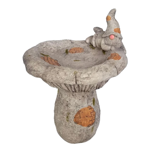 18.5-inch concrete birdbath featuring a reclining gnome with solar light and decorative leaf patterns