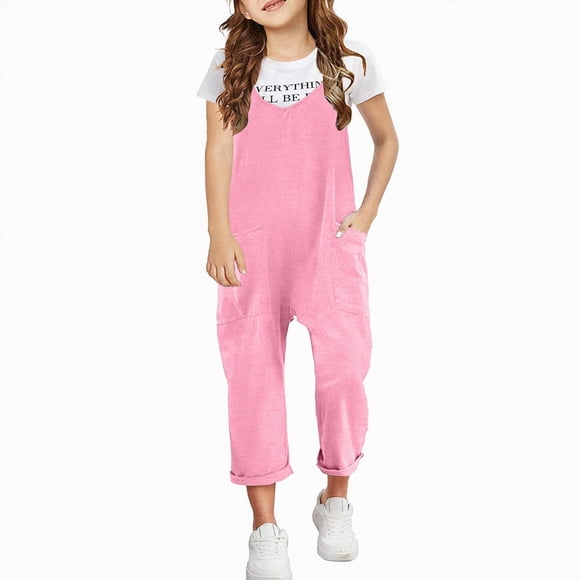 Ymyiu Girls Overall Pants Girls Overalls Kids Casual Sleeveless Wide Leg Jumpsuit Loose Rompers with Pockets Size 12-13 Years(Pink, 12-13 Years)