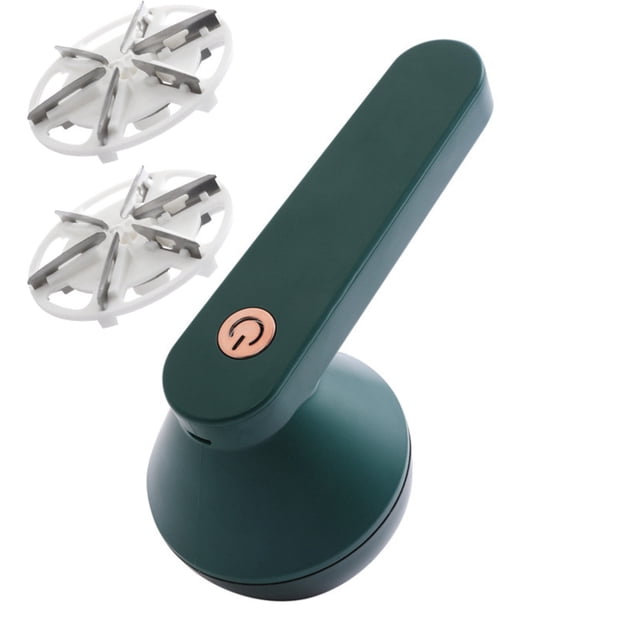 EGNMCR Lint Remover Rechargeable Fabric Shaver with a sleek green design and copper power button. Ideal for fabric care, it features two replacement rotating blades for efficient lint, fuzz, and pet hair removal. USB rechargeable and compact for convenient use and storage.