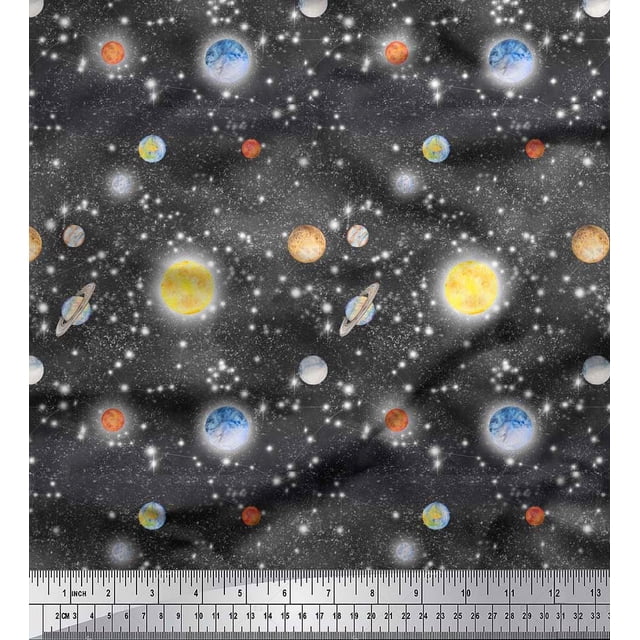 Soimoi Rayon Fabric Planet & Sun Galaxy Printed Fabric 1 Yard 42 Inch Wide