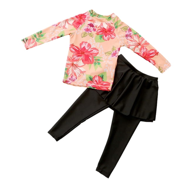 Zwiiyzr 2025 Filles Enfants Maillot de Bain 2 Pcs Imprimé Floral Haut anti-UV à Manches Longues et Pantalon Long avec Jupe Combinaison anti-UV Protection Uv Tenue de Plage Maillot de Bain 3-11 Ans Orange