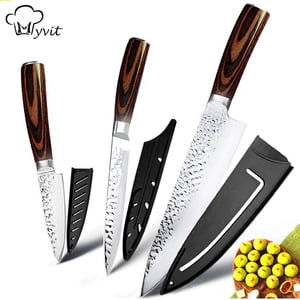 Kitchen Knife 3Pcs Set Japanese Knives German Stainless Steel Full Tang Meat Cleaver Knife Ultra Sharp Chef Santoku Knives for Chopping, Slicing, Cutting (Irregular Hammered Pattern,Multiple Sizes)